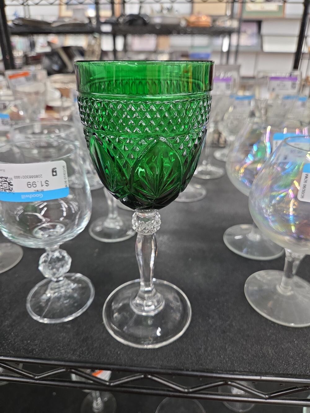 Cristal d'Arques Antique Emerald Green Wine Goblets 9" Set of 2 France